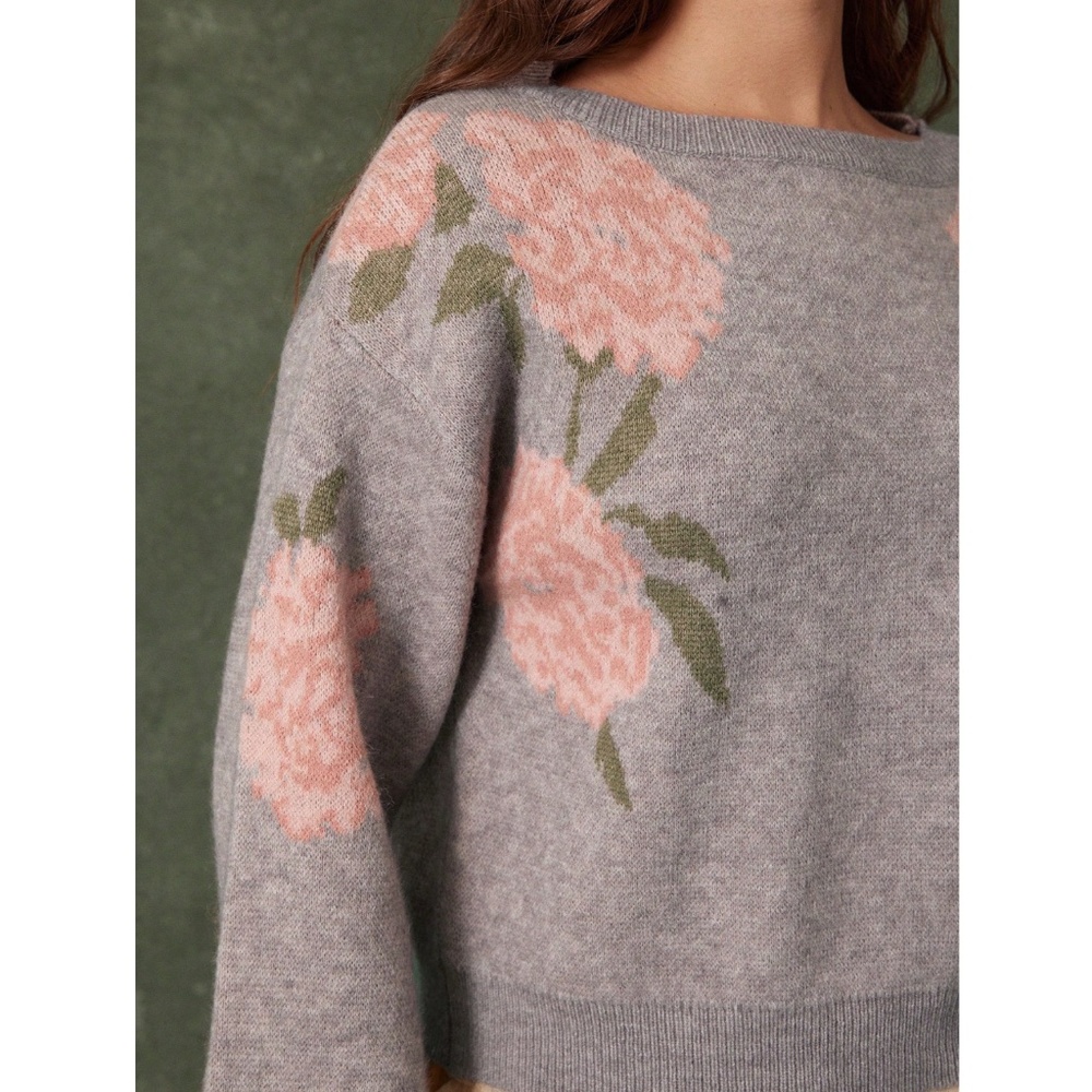 Roses Print Gray Knit Round Neck Long Sleeve Pullover Sweater Stretchy - Picture 7 of 9